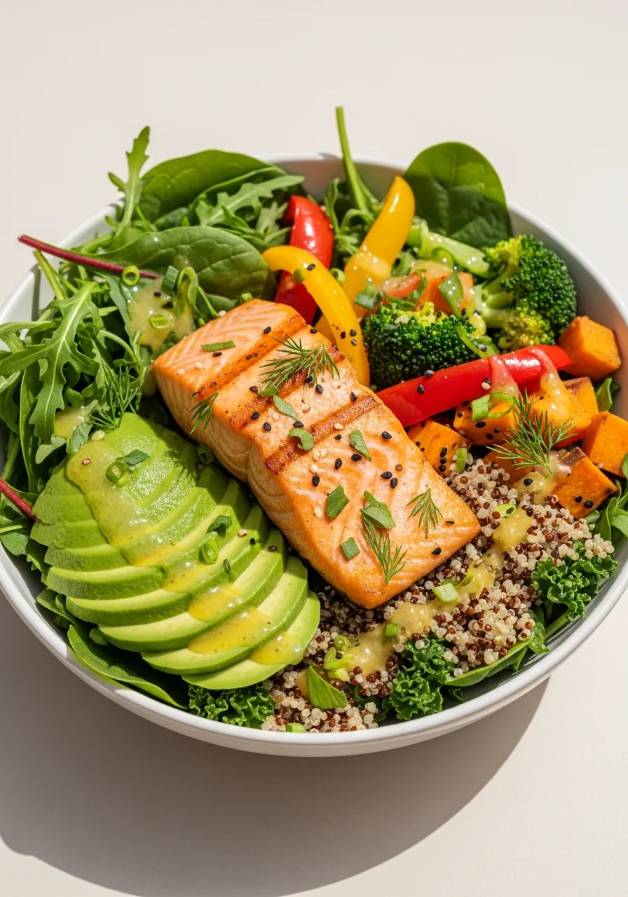 Gourmet protein and greens bowl with salmon, avocado and quinoa