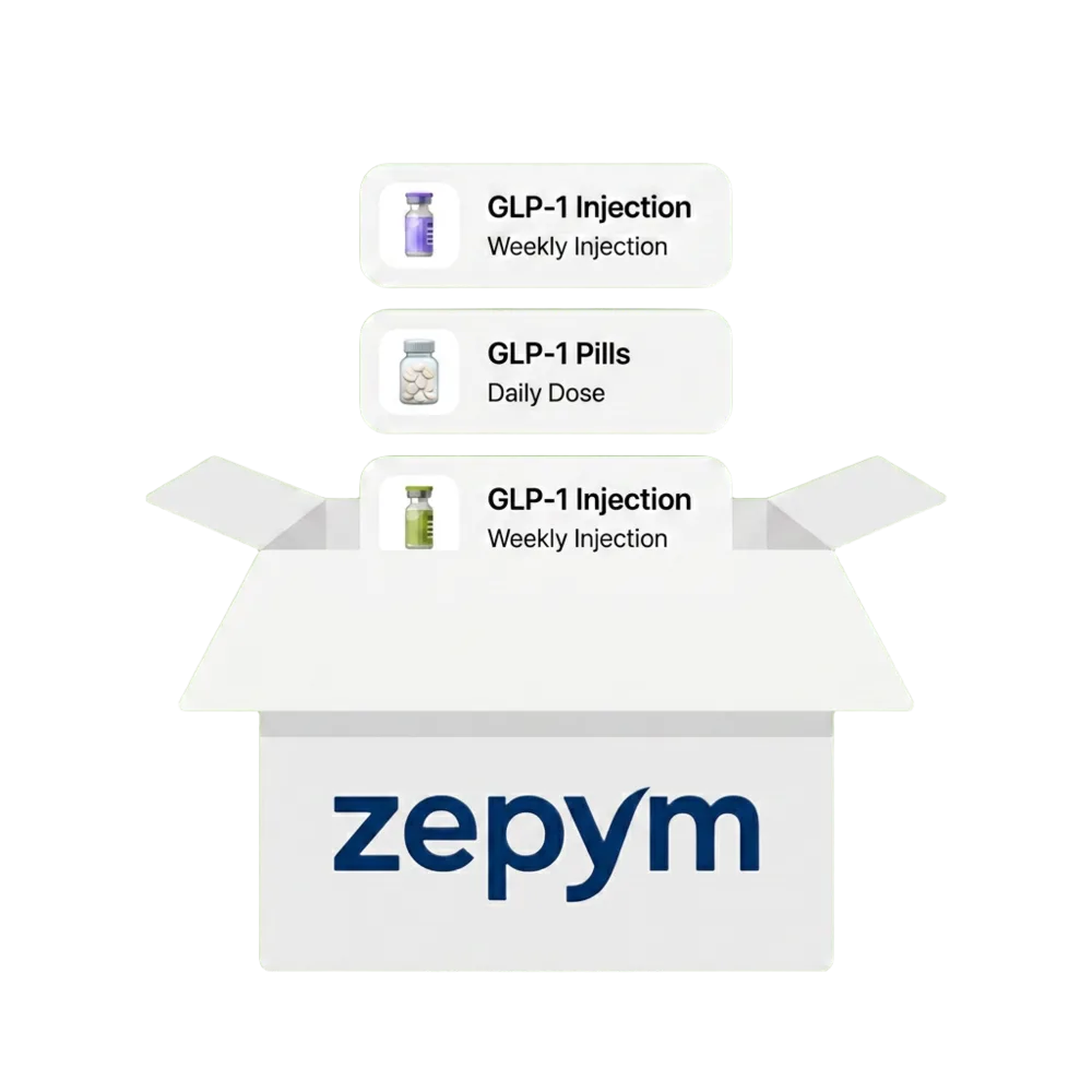 An open zepym shipping box with GLP-1 injections and pills